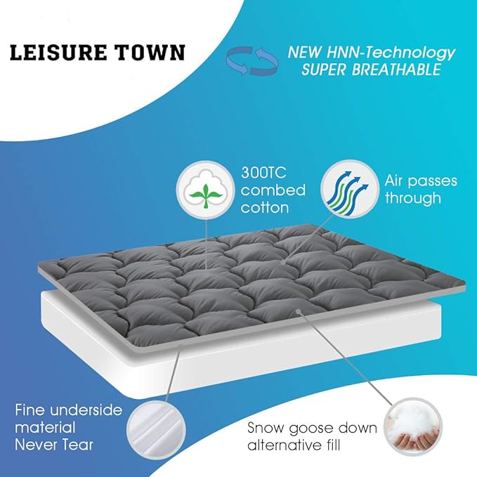 LEISURE TOWN Twin Mattress Pad Fitted Quilted Cotton Mattress Cover Cooling Soft Pillow Top Mattress Topper with Down Alternative Filling Mattress Protector with 8-21 Deep Pocket (39x75 Inches Grey)