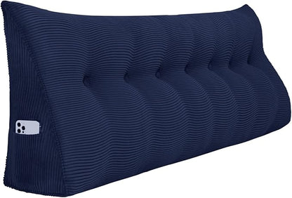 Wedge Headboard Pillow Dorm Room Reading Pillow Back Support for Sitting Up in Bed Bolster Lumbar Cushion Body Positioning Bedrest Corduroy (Navy Blue, King (76 * 8 * 20in))