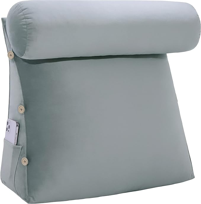 Adjustable Triangle Wedge Reading Pillow Neck Back Support Throw Pillow with Bolster for Sitting Up in Bed Daybed or on Sofa Reading Couch with Removable Velvet Cover 24x8x20 Inch Gray
