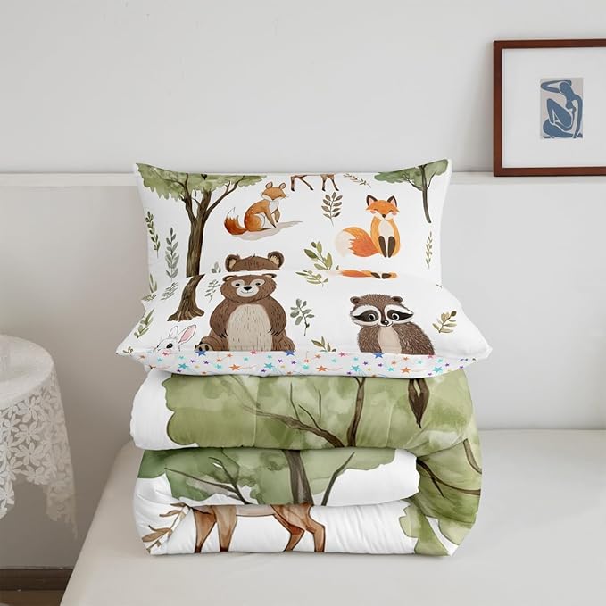 jejeloiu Woodland Animals Bedding Set Queen Size Bear Fox Comforter Set for Kids Boys Girls Neutral Theme Duvet Set Forest Animal Quilt Set 3Pcs