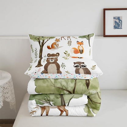 jejeloiu Woodland Animals Bedding Set Full Size Bear Fox Comforter Set for Kids Boys Girls Neutral Theme Duvet Set Forest Animal Quilt Set 3Pcs