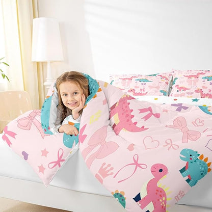 Cute Dino Kids Comforter Set Twin Size,Kawaii Bowknot Heart Princess Style Reversible Bedding Sets for Teens Bedroom Decor,Pink Dinosaur Bow Tie Cartoon Animal Quilted Duvet,1 Pillowcase