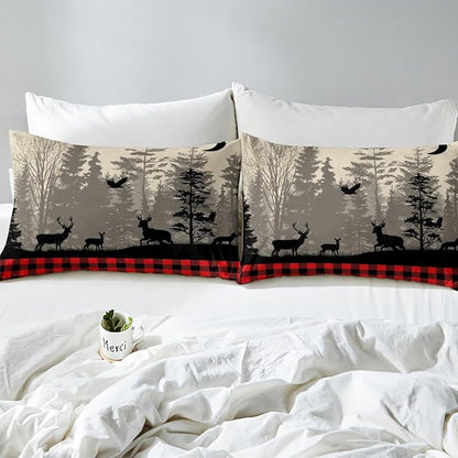 Deer Trees Silhouette Duvet Cover Set King Size,Retro Red Black Check Plaid Comforter Cover with 2 Pillowcases Bedspread,Rustic Bird Moon Print Microfiber Quilt Cover for Adult Women,3pcs