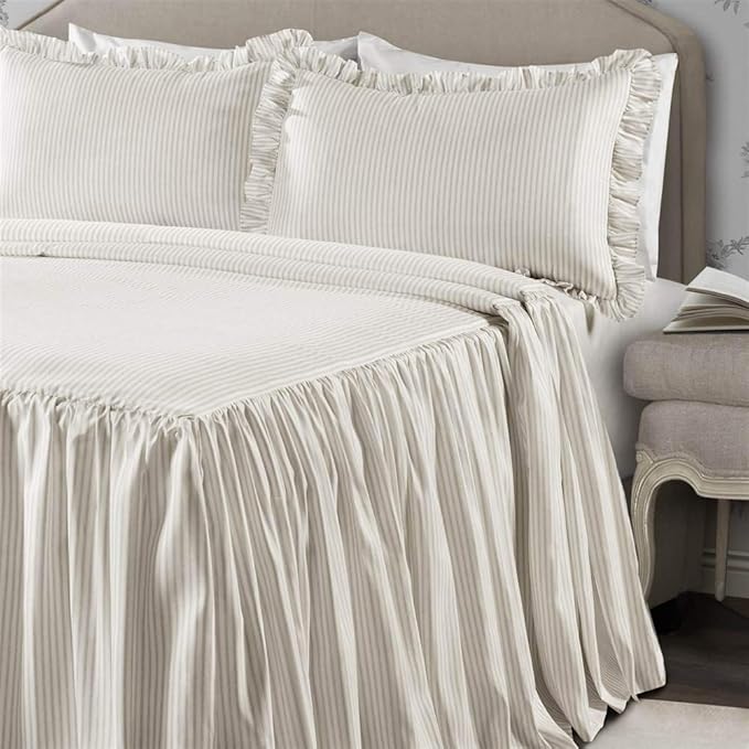Lush Decor Ticking Stripe Bedspread Twin Size 2 Piece Set Wheat - Ruffle Bedding Set Twin Bedspreads - Kids Bedding - Farmhouse & Coquette Decor
