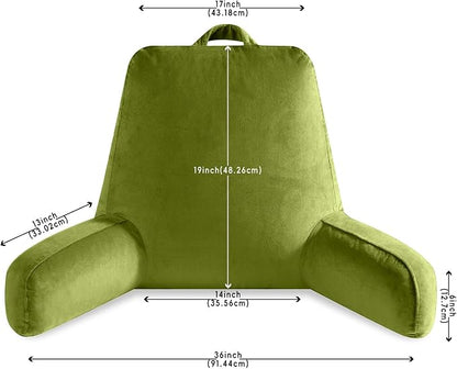 Reading Pillow for Sitting in Bed Adult, X-Large Reading Pillow with Shredded Memory Foam, Back Pillow for Sitting Up with Extend Arms, Pockets, Bed Pillow with Washable Cover, FluorescentGreen