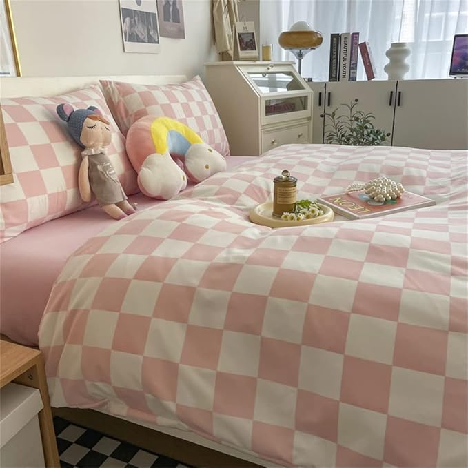 Wellboo Pink White Plaid Comforter Sets King Women Men Bean Pink and White Checkerboard Grid Bedding Comforters Cotton Boys Girls Modern Dusty Pink Checkered Geometric Quilts Luxury Abstract Bed