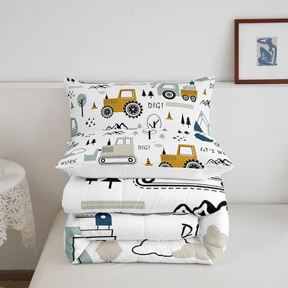 Feelyou Cartoon Car Kids Comforter Set Construction Bedding Set Decor Equipment Trucks Comforter Cartoon Car Excavator Tractor White Yellow Duvet Set Bedroom Quilt Set 3Pcs Queen
