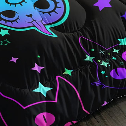 Axolotl Cat Comforter Set Queen,Kawaii Trippy Cat Moon Stars Bedding Set with 1 Comforter 2 Pillowcases for Kids Boys Girls Teens Adults Room Decor All Season,Colorful Neon Trippy Bed Set