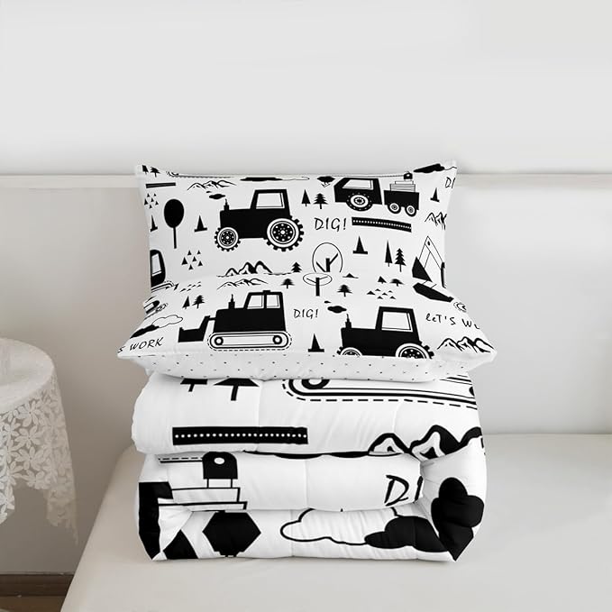 Feelyou Construction Bedding Set King Size Equipment Trucks Comforter Set for Kids Boys Girls Decor Cartoon Car Excavator Tractor Comforter Black White Duvet Set Bedroom Quilt Set
