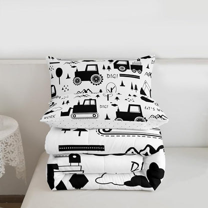 Feelyou Construction Bedding Set King Size Equipment Trucks Comforter Set for Kids Boys Girls Decor Cartoon Car Excavator Tractor Comforter Black White Duvet Set Bedroom Quilt Set