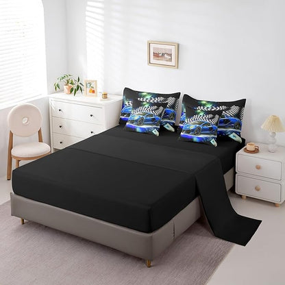 Feelyou Blue Racing Car 7 Piece Bedding Set King Size Extreme Sport Comforter Set with Sheets for Kids Boys Girls Teens Toddler Fast and Furious Bed in a Bag Black White Flag Bed Set