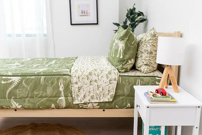 Beddy's Dinosaurs T-rex Theme Boys Durable Zipper Bedding for Kids, Bed in a Bag, Green Sheets and Comforter with Dino Fossils, Includes Pillowcase and Pillow Sham, Easy to Make and Wash
