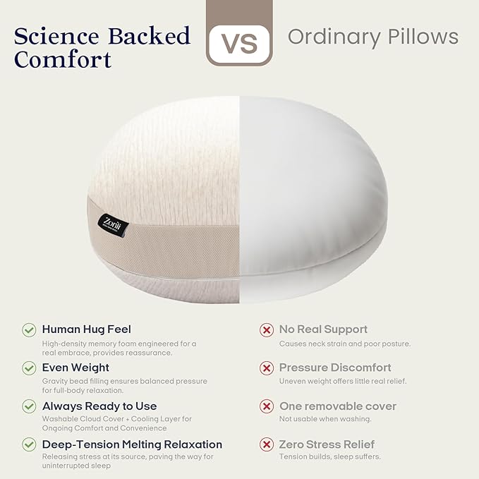 ZonLi Weighted Pillow for Adults 6.5Lbs, Washable Hug Pillow Get Better Sleep, Detachable Sensory Body Weighted Pillows, Memory Foam Bed Pillow (Beige)