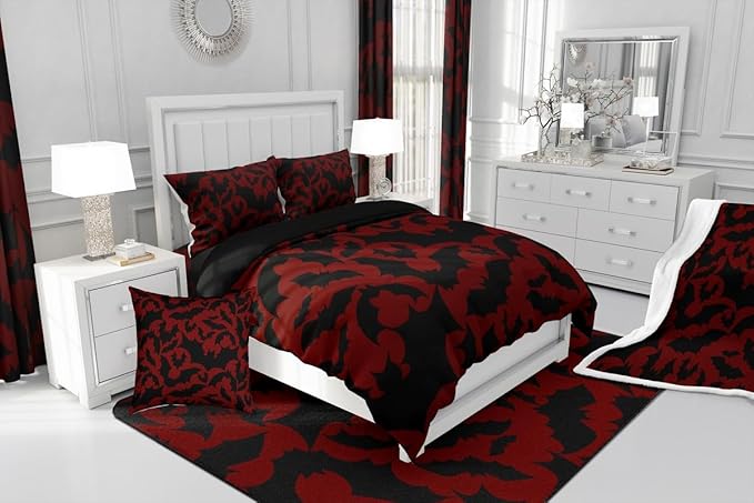 Castle Fairy Happy Halloween Duvet Cover Set King Size,Black Bats Animal Silhouette Print Quilt Cover with 2 Pillowcases,Happy Holiday Gothic Style Red Microfiber Comforter Cover (Not Comforter)
