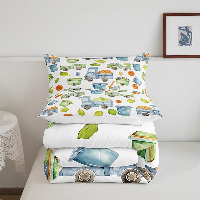 Garbage Truck Bedding Trash Truck Comforter Set Green Garbage Cool Design Bedding Sets All Season Gift for Kids Boys Girls Child, Cartoon Waste Management Vehicle Duvet Set Full with 2 Pillowcases