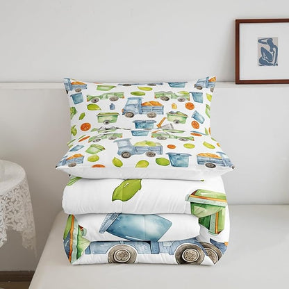 Garbage Truck Bedding Trash Truck Comforter Set Green Garbage Cool Design Bedding Sets All Season Gift for Kids Boys Girls Child, Cartoon Waste Management Vehicle Duvet Set Full with 2 Pillowcases