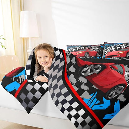 Feelyou Boys Race Car Bedding Set Cool Race Sports Car Set Comforter Set for Kids Boys Sports Duvet Set Checkered Comforter Red 1 Comforter Set with 2 Pillowcases King Size Boys