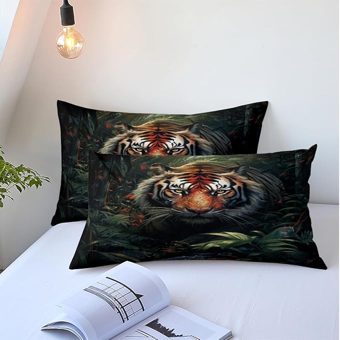 Tiger Bed Sheets Twin Size with A Pillow Cases Standard Size,Black Tiger Print Sheet Set for Kids Boys Girls Gorgeous Animal Skin Bedroom Decor, Animal Fitted Flat Sheet