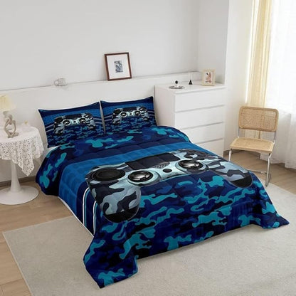 Feelyou Gamer Comforter Set Camouflage Gaming Video Game Bedding Set for Kids Boys Children Blue Camo Gamer Console Comforter Soft Gamepad Decor Quilt Set Toddler Size