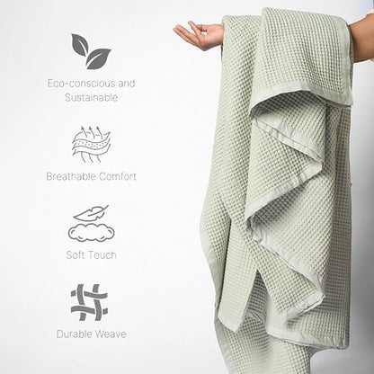 GOTS Certified Organic Cotton Waffle Weave Blanket, King Bed Size,108"X90" Cozy Throw Blanket for Couch, Modern Home Decor, Throw Blankets,Comfy Waffle Blanket Soft Bed Blankets -Sea Foam