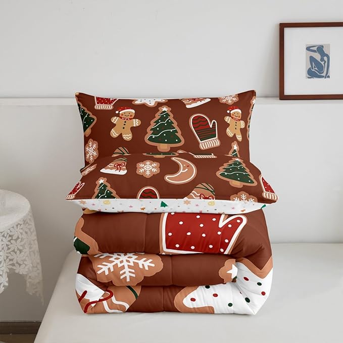 Erosebridal Merry Christmas Comforter Set for Kids Boys Girls,Cartoon Gingerbread Man Christmas Tree Bedding Full,Cute Xmas Comforter Sets,Moon Snowflake Duvet Insert with 2 Pillowcases