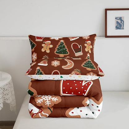Erosebridal Merry Christmas Comforter Set for Kids Boys Girls,Cartoon Gingerbread Man Christmas Tree Bedding Twin,Cute Xmas Comforter Sets,Moon Snowflake Duvet Insert with 1 Pillowcase
