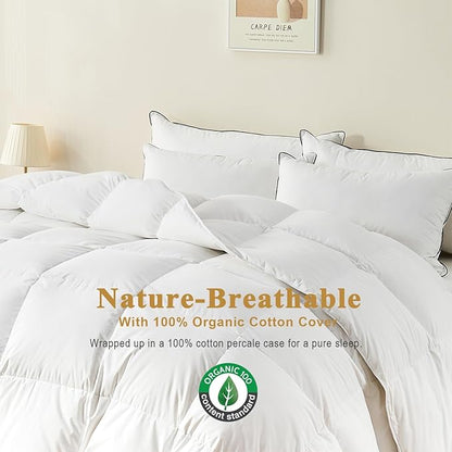 100% Organic Feather Down Comforter Oversized Queen, Luxury Extra-Fluffy Duvet Insert, All Season Bed Comforter with Ultra-Soft Organic Cotton Case (98x98 Inch, Ivory White)