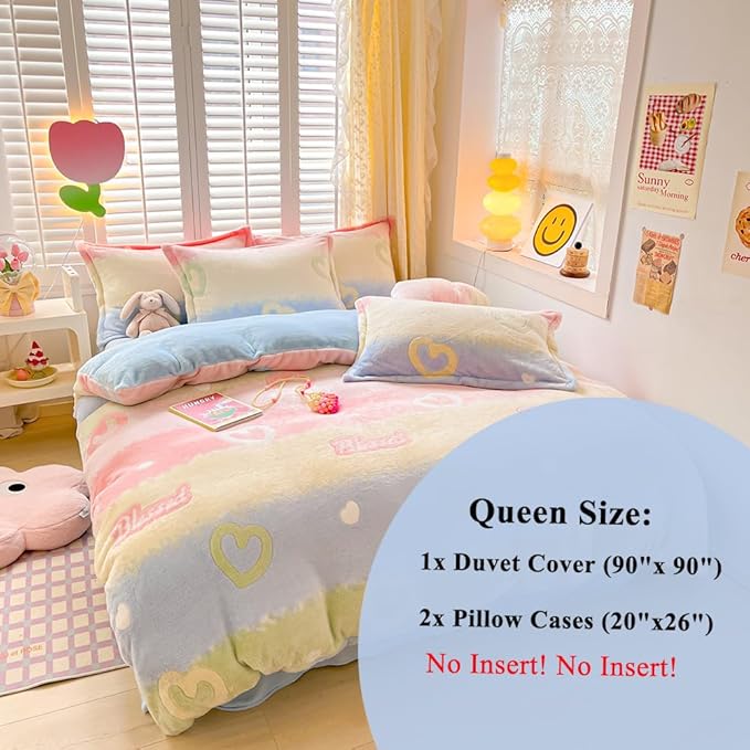 Rainbow Love Kids Duvet Cover Set Queen Cute Kawaii Bedding Set Snowflake Fluffy Comforter Cover Blanket Soft Reversible Duvet Cover Room Decor for Girls Women Boys(Love,Queen)