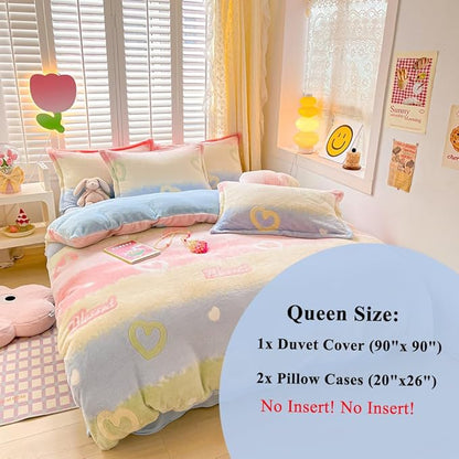 Rainbow Love Kids Duvet Cover Set Queen Cute Kawaii Bedding Set Snowflake Fluffy Comforter Cover Blanket Soft Reversible Duvet Cover Room Decor for Girls Women Boys(Love,Queen)
