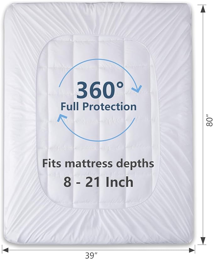 CozyLux Twin Size Mattress Pad Pillow Top Cotton Cooling Mattress Topper 8-21" Deep Pocket Mattress Cover Quilted Fitted Cooling 450GSM Mattress Protector (39x75 inch,White)