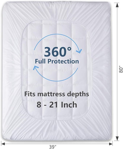 CozyLux Twin Size Mattress Pad Pillow Top Cotton Cooling Mattress Topper 8-21" Deep Pocket Mattress Cover Quilted Fitted Cooling 450GSM Mattress Protector (39x75 inch,White)