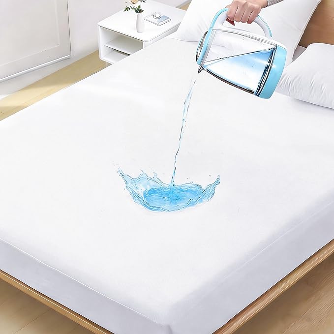 Twin Mattress Protector Waterproof- Washable Mattress Cover Twin Size Fitted Bed Pad Noiseless Plastic Protection Up to 18” Allergy Mattress Protector Soft&Breathable（White）
