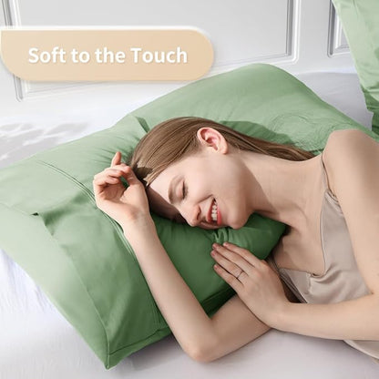Standard Pillowcases, Cooling Viscose from Bamboo Pillow Covers with Envelope Closure, Soft Moisture-Wicking for Hot Sleepers, Hair and Skin-Friendly, Green, 2 Pack