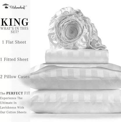 URBANHUT 1000 Thread Count Egyptian Cotton Sheets Damask Striped King Size, Long Staple Soft & Breathable, 4 Pc Bed Sheet Sets, Luxury Hotel Sateen Sheets Fits 16" Deep Pocket - White