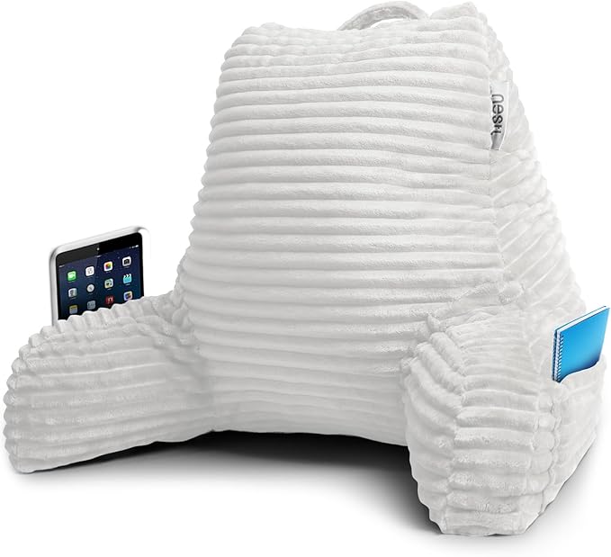 Nestl Reading Pillow with Shredded Memory Foam, Luxe Cut Plush Back Pillow for Sitting Up in Bed, Back and Arms Adjustable Support for Adult & Teens, Backrest Pillows with Washable Cover White