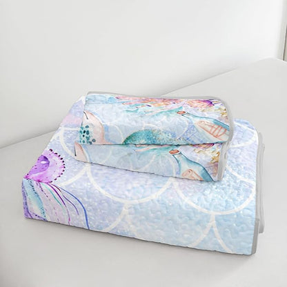 Coastal Bedding Sea Turtle Quilted Set,Mermaid Scale Coral Pattern Bed Set for Toddler Kids Girls Beach Themed Room Decor,Twin Quilt Bedding Sets with 2 Pillowcases.