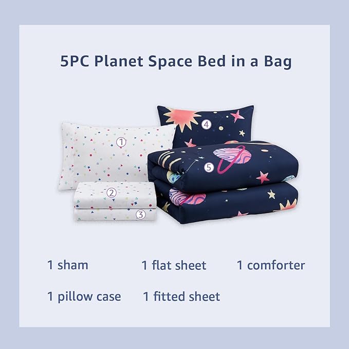 Twin XL Comforter Sets Planet, Space Bedding Set for Girls Boys Teen, All Season Kids Bed in a Bag Dorm 5 Pieces with Sheets, Pillowcase & Sham