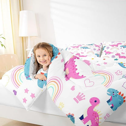 Castle Fairy Kawaii Dino Kids Comforter Set King Size,Cute Rainbow Floral Love Heart Reversible Quilted Duvet with 2 Pillowcases Purple Blue Dinosaur Lovely Animal Comforter for Boys Teens Bedroom