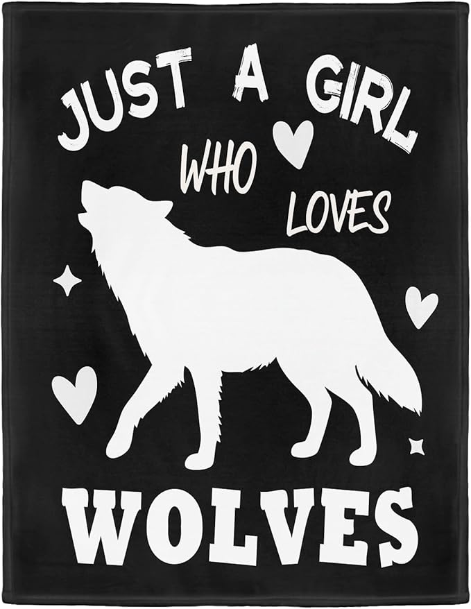 Wolf Lover Blanket, Just A Girl Who Loves Wolves Blanket, Soft Warm Cozy Fleece Throw, Gifts for Girls Women Kids, 50"x60", Black
