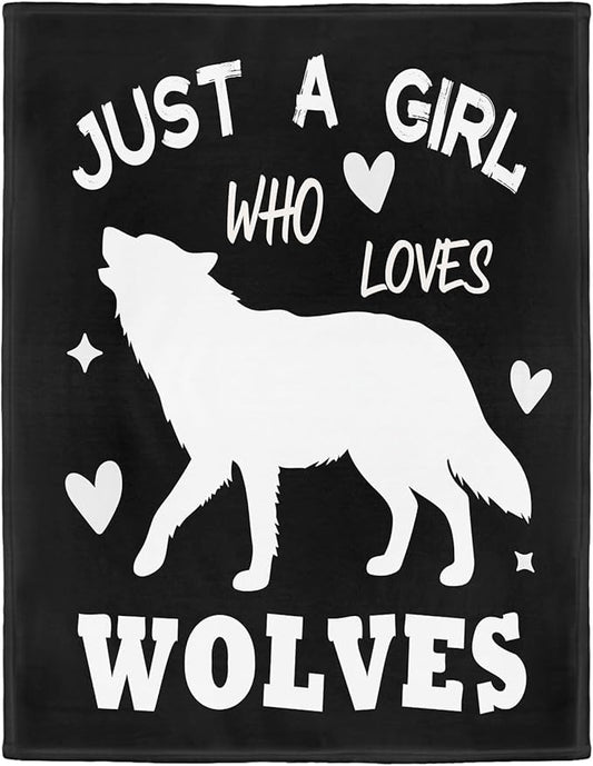 Wolf Lover Blanket, Just A Girl Who Loves Wolves Blanket, Soft Warm Cozy Fleece Throw, Gifts for Girls Women Kids, 60"x80", Black