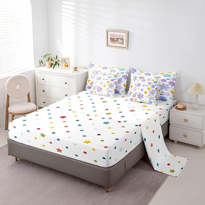 Feelyou Cute Flower 7 Piece Bedding Set Queen Size Kids Cartoon Cute Floral Bed in a Bag for Girls Teens Purple Yellow Comforter Set with Sheets Kawaii Bed Set