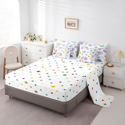 Feelyou Cute Flower 7 Piece Bedding Set Full Size Kids Cartoon Cute Floral Bed in a Bag for Girls Teens Purple Yellow Comforter Set with Sheets Kawaii Bed Set