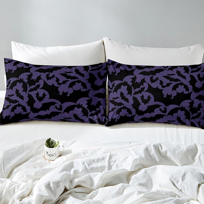 Halloween Themed Bedding Set Queen Size,Black Bats Animal Print Duvet Cover Set for Children Bedroom Present, Dark Purple Color Microfiber Comforter Cover with 2 Pillowcases (NO Comforter)