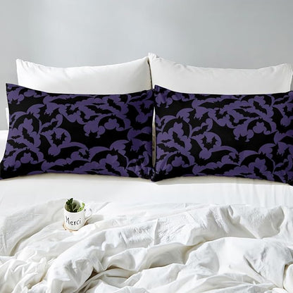 Halloween Themed Bedding Set Queen Size,Black Bats Animal Print Duvet Cover Set for Children Bedroom Present, Dark Purple Color Microfiber Comforter Cover with 2 Pillowcases (NO Comforter)