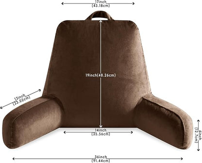 Reading Pillow for Sitting in Bed Adult, Reading Pillow with Shredded Memory Foam, Back Pillow for Sitting Up with Extend Arms, Pockets, Bed Pillow with Washable Cover,Brown, X-Large