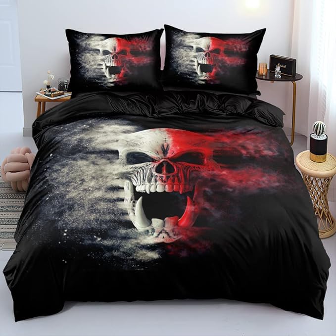 3D Skull Pattren Duvet Cover Set Queen Size Red Smoke Background Bedding Set Halloween Comforter Cover Cool Bedroom Decor