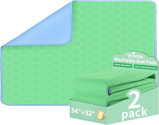 Waterproof Washable Underpads Pee Pad (Green 34" x 52" 2 Pack), Reusable Absorbency Bedwetting Incontinence Bed Pads for Kids Adults Elderly Dog Pet, Puppy Pads for Mattress Couches Sofas Floors
