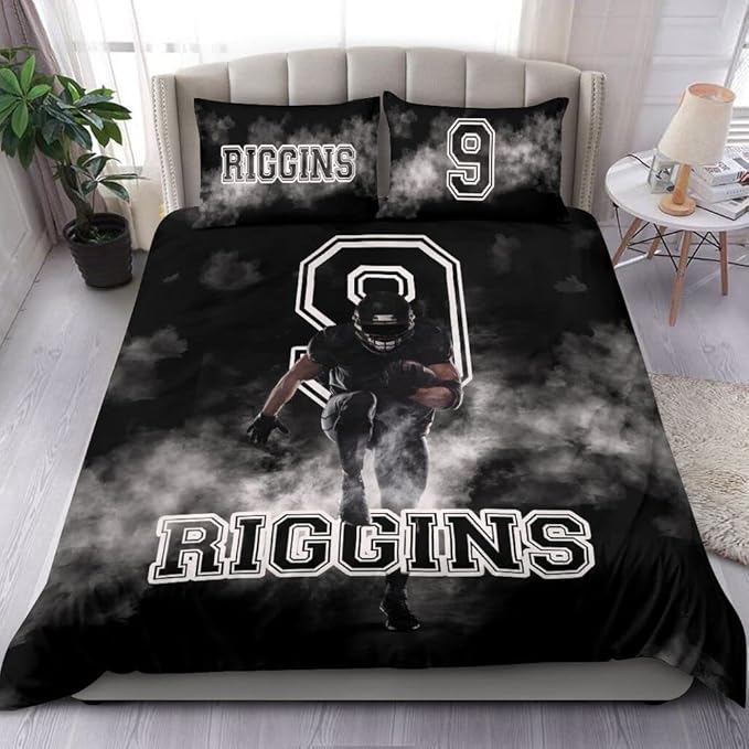 Personalized American Football Bedding Set, Kids 3 Piece Duvet Cover Set with Pillow Shams for Teens Boys, NO Comforter, Twin Size for Rugby Lovers (Football 07)