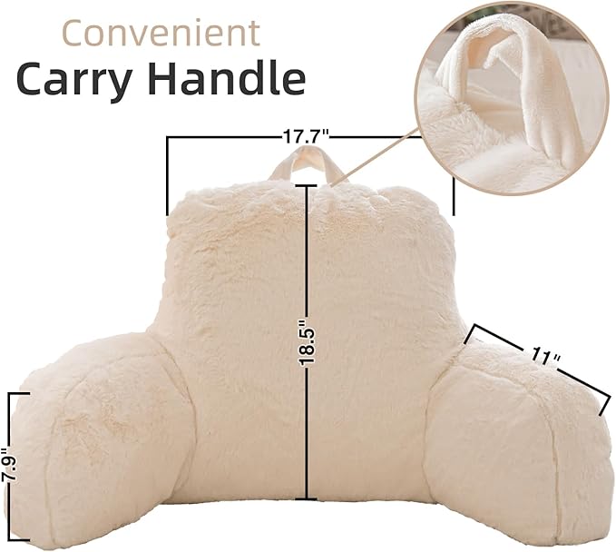 A Nice Night Faux Fur Reading Pillow Bed Wedge Large Adult Children Backrest with Arms Back Support for Sitting Up in Bed/Couch for Bedrest,Ivory,Large