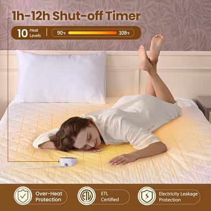 Bearhug Electric Heated Mattress Pads Full Size 54”×75” Waterproof Bed Warmer 21” Deep Pocket 10 Heat Levels 10 Heat Settings 12-Hour Timer Machine Washable White